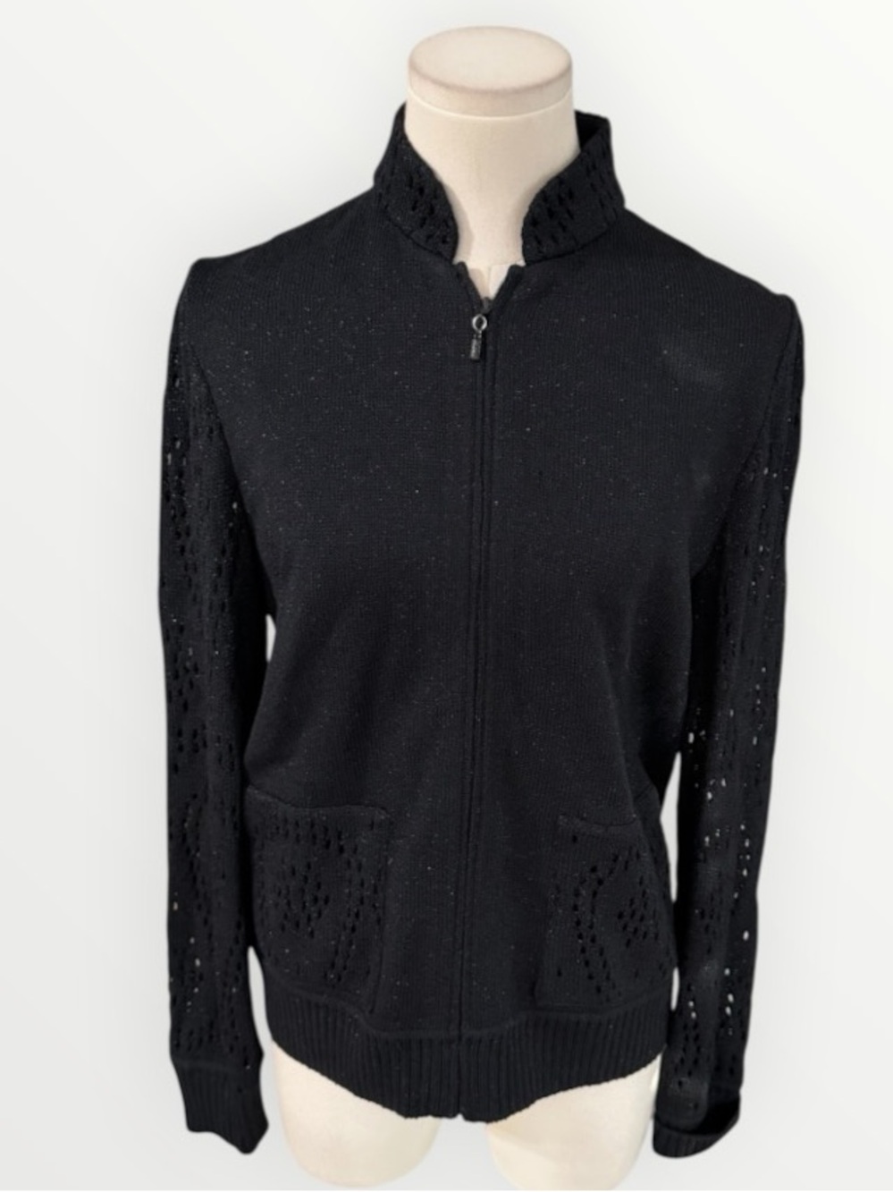 ST. JOHN Black Zip Front Knit Cardigan Sweater Jacket Crochet Sleeves Sparkle 6